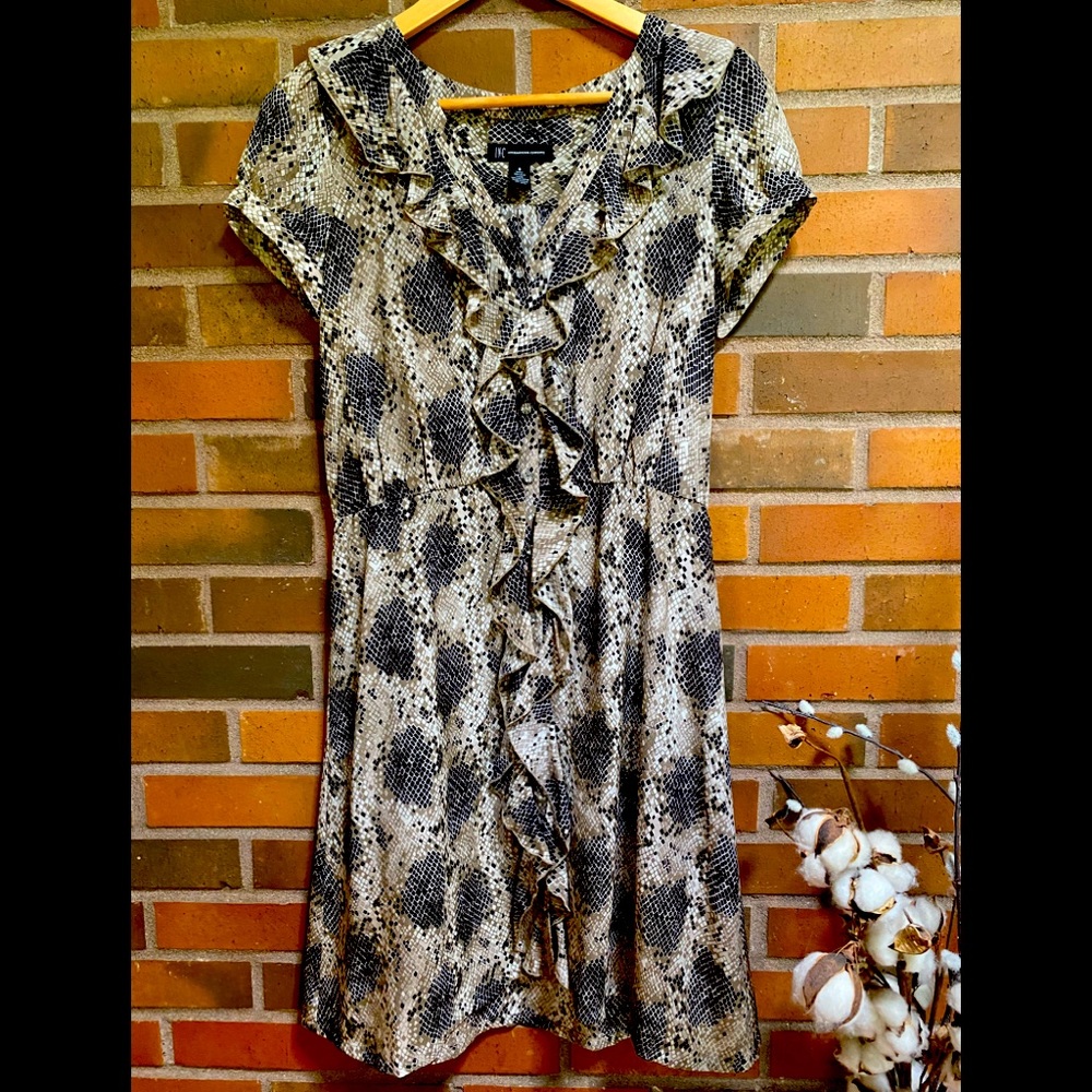 INC Silk dress black/taupe/cream w/ crystal button